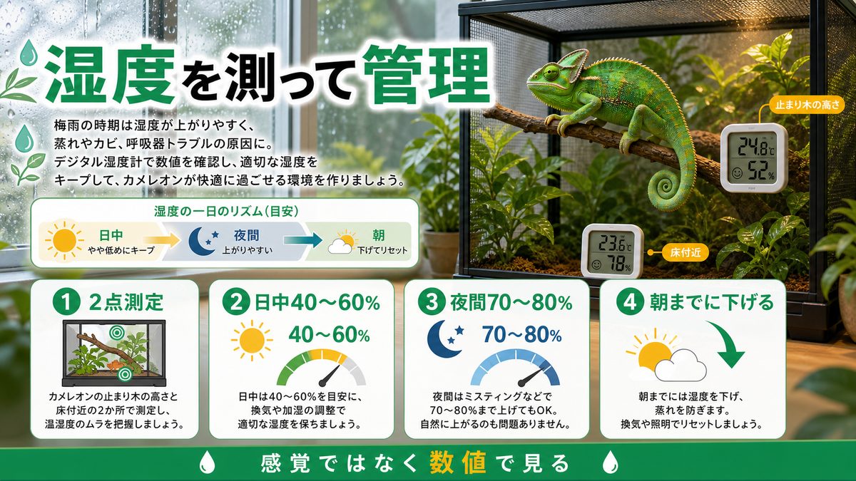 湿度を測って管理するの要点をまとめたカメレオン・爬虫類飼育インフォグラフィック