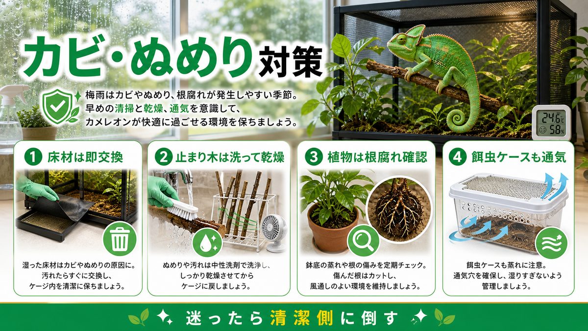カビ・ぬめり・根腐れ対策の要点をまとめたカメレオン・爬虫類飼育インフォグラフィック
