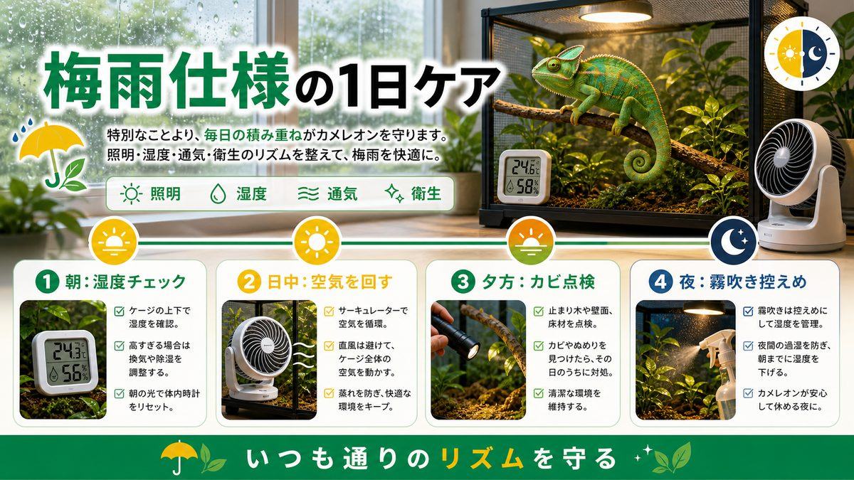 梅雨を乗り切る日々のケアの要点をまとめたカメレオン・爬虫類飼育インフォグラフィック