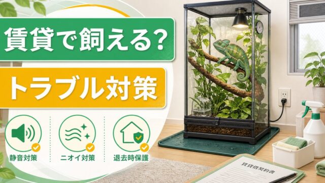 賃貸・アパートでカメレオンは飼える？騒音・ニオイ・退去トラブルを防ぐ完全ガイドの要点を伝えるカメレオン・爬虫類記事アイキャッチ画像