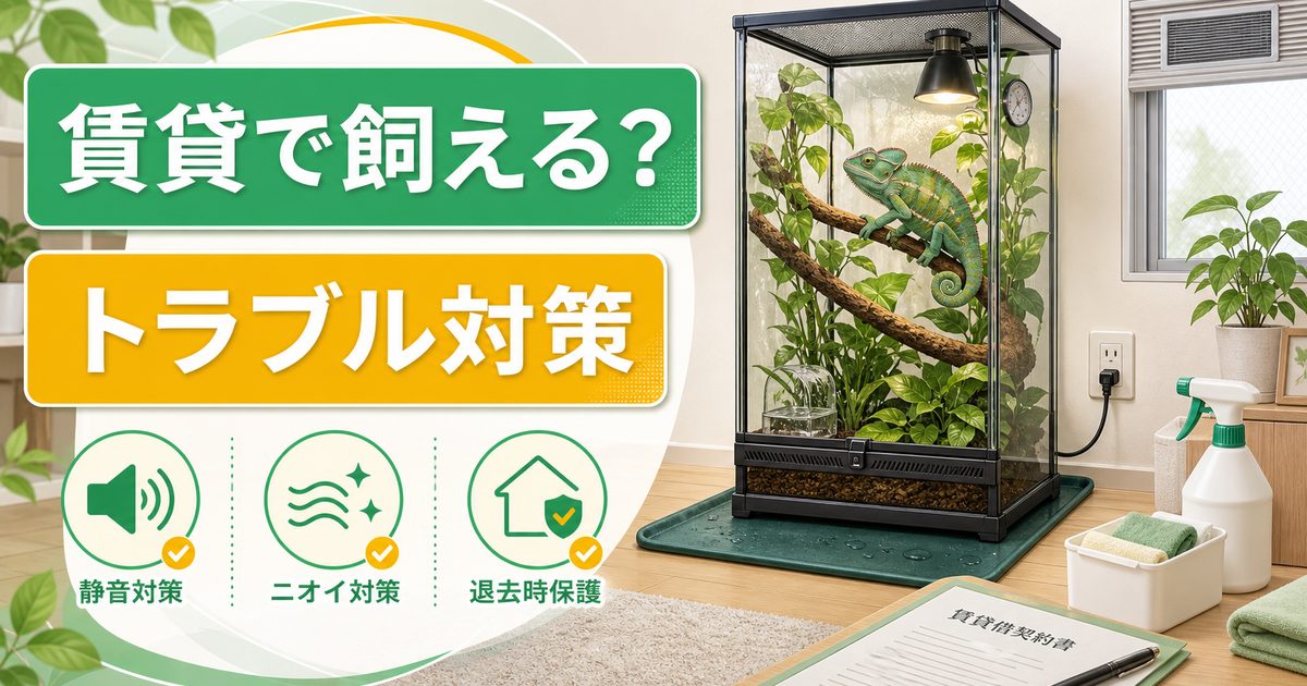 賃貸・アパートでカメレオンは飼える？騒音・ニオイ・退去トラブルを防ぐ完全ガイドの要点を伝えるカメレオン・爬虫類記事アイキャッチ画像