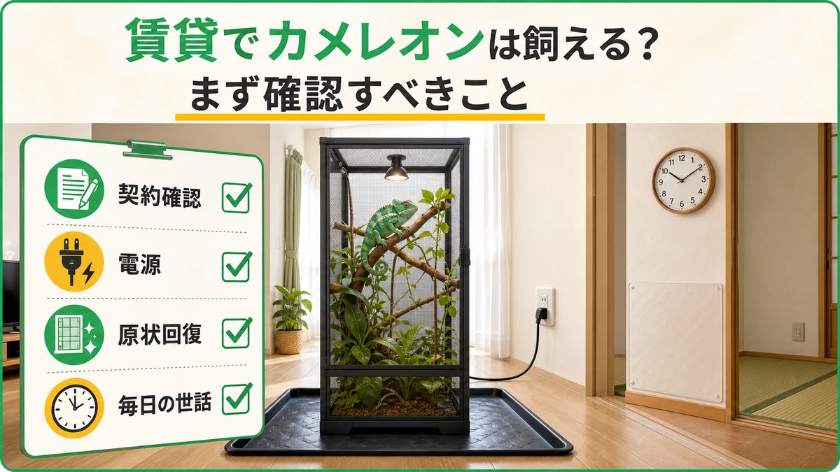 賃貸でカメレオンは飼える？まず確認すべきことの要点をまとめたカメレオン・爬虫類飼育インフォグラフィック