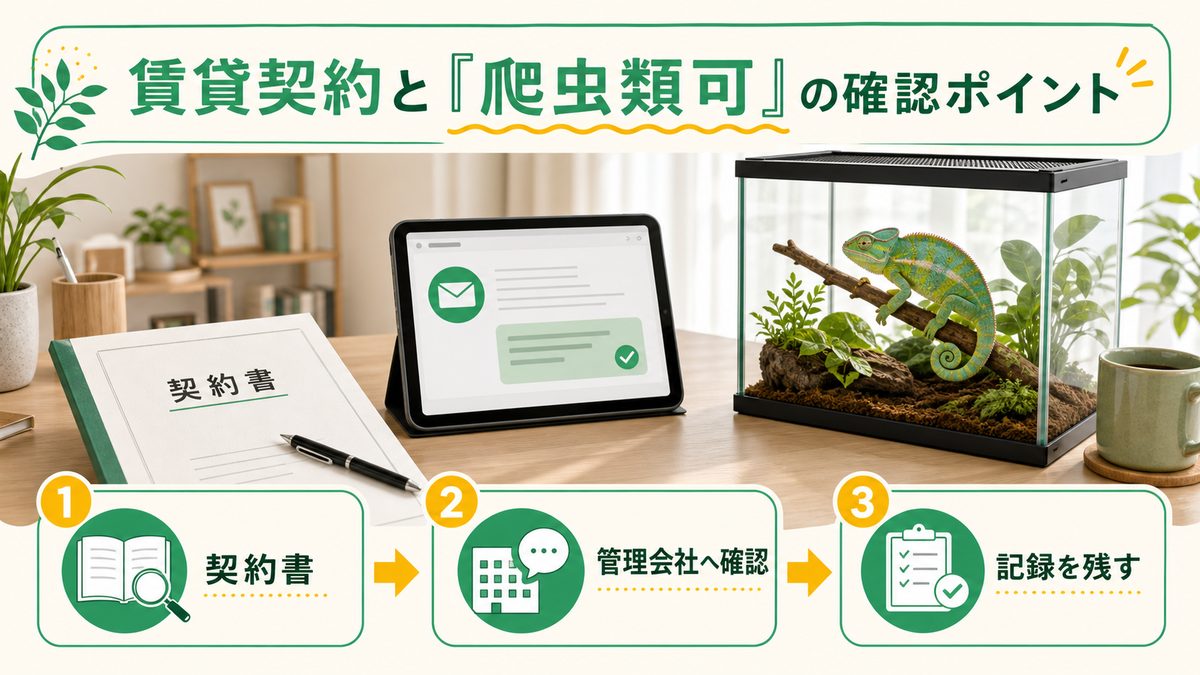 賃貸契約と「爬虫類可」の確認ポイントの要点をまとめたカメレオン・爬虫類飼育インフォグラフィック