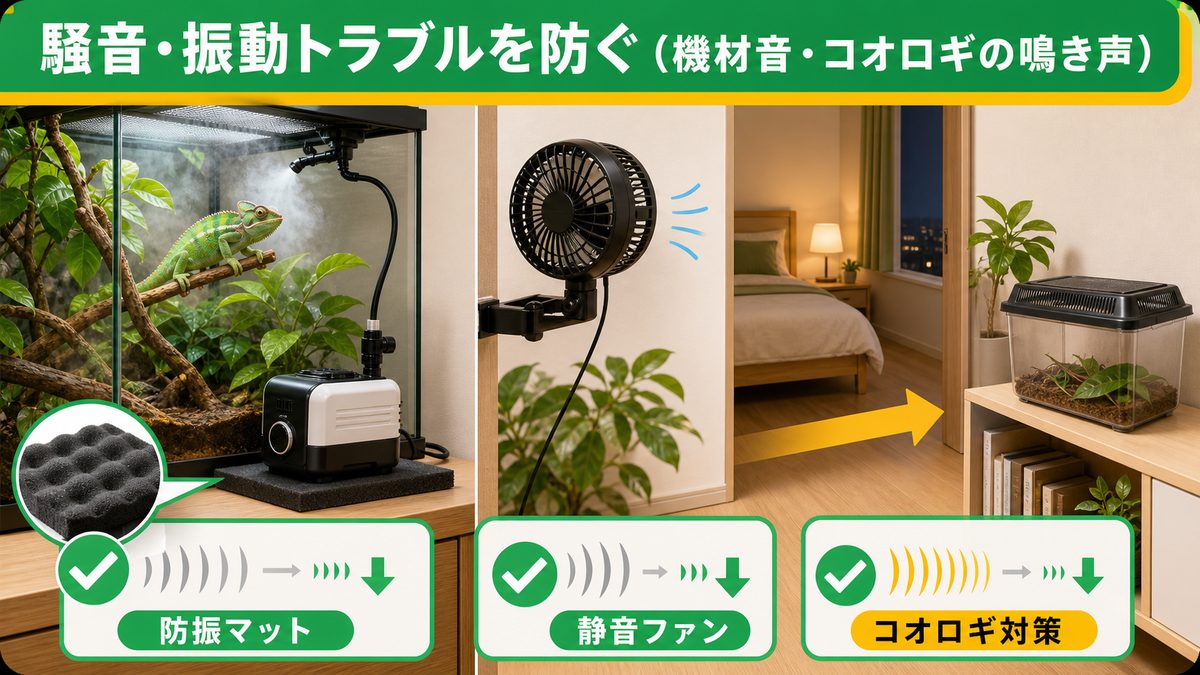 騒音・振動トラブルを防ぐ（機材音・コオロギの鳴き声）の要点をまとめたカメレオン・爬虫類飼育インフォグラフィック