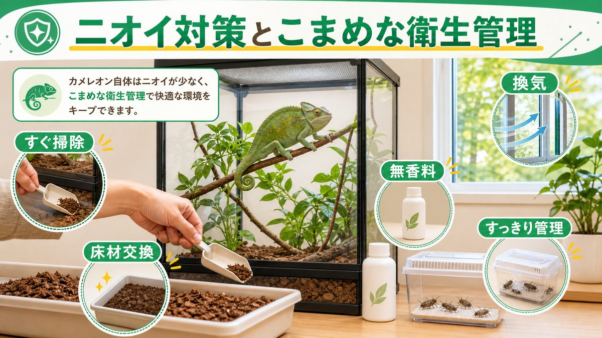 ニオイ対策とこまめな衛生管理の要点をまとめたカメレオン・爬虫類飼育インフォグラフィック
