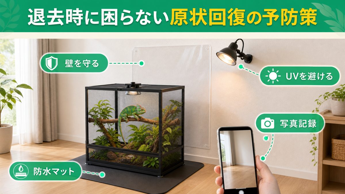 退去時に困らない原状回復の予防策の要点をまとめたカメレオン・爬虫類飼育インフォグラフィック