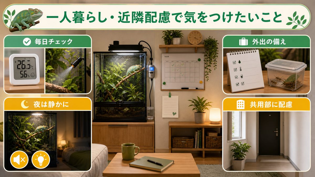 一人暮らし・近隣配慮で気をつけたいことの要点をまとめたカメレオン・爬虫類飼育インフォグラフィック