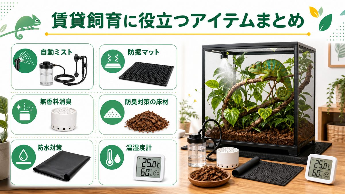 賃貸飼育に役立つアイテムまとめの要点をまとめたカメレオン・爬虫類飼育インフォグラフィック