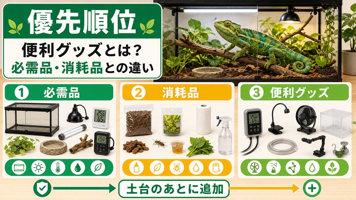 便利グッズとは？必需品・消耗品との違いの要点をまとめたカメレオン・爬虫類飼育インフォグラフィック