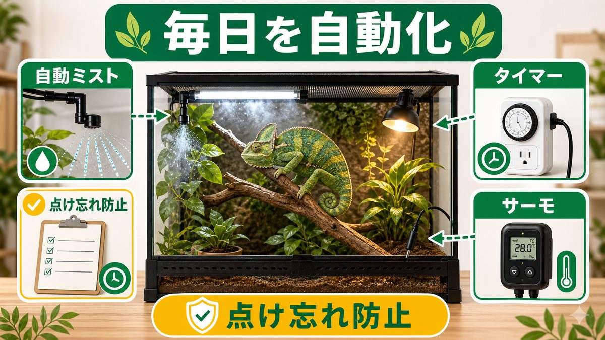 毎日の世話を自動化する便利グッズの要点をまとめたカメレオン・爬虫類飼育インフォグラフィック