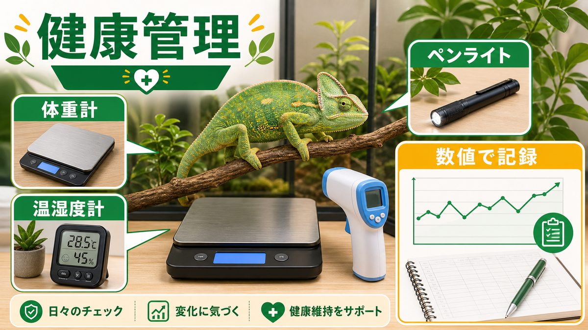 健康管理が捗る便利グッズ（体重計・温湿度計）の要点をまとめたカメレオン・爬虫類飼育インフォグラフィック