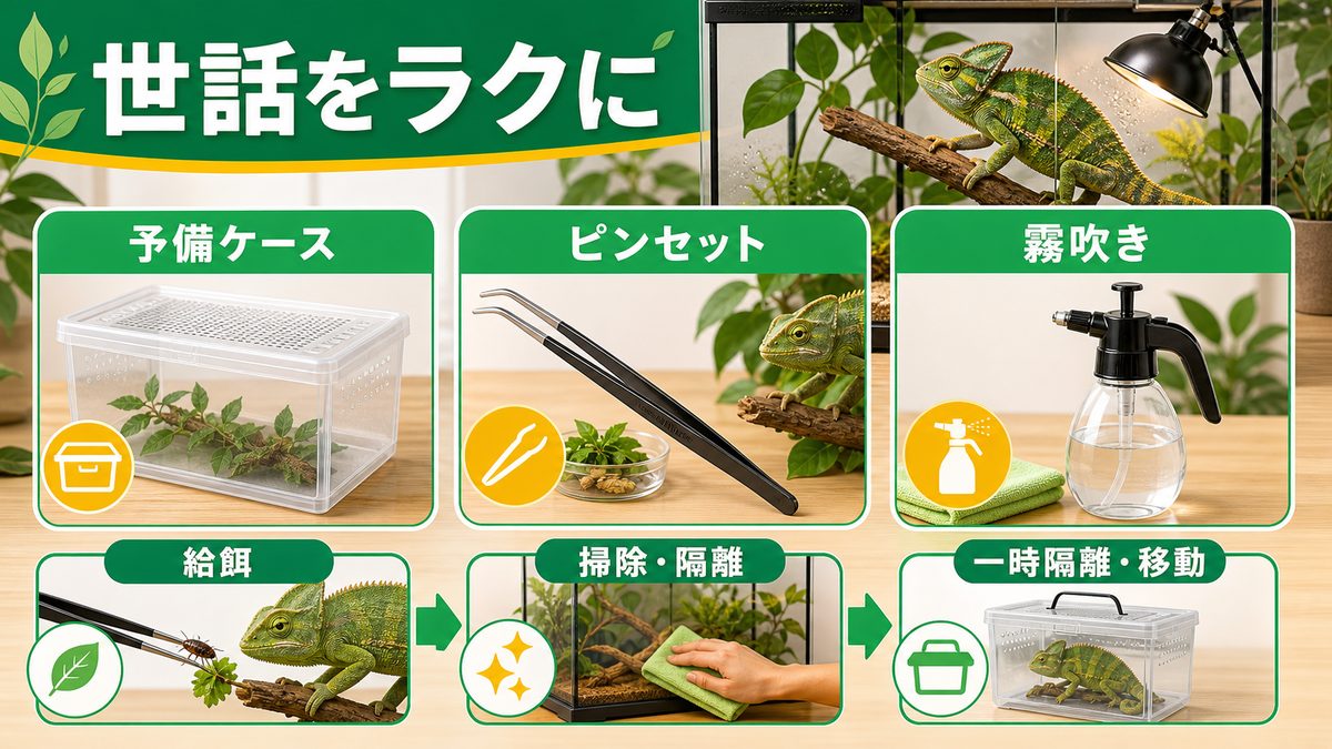 給餌・掃除・隔離がラクになるグッズの要点をまとめたカメレオン・爬虫類飼育インフォグラフィック