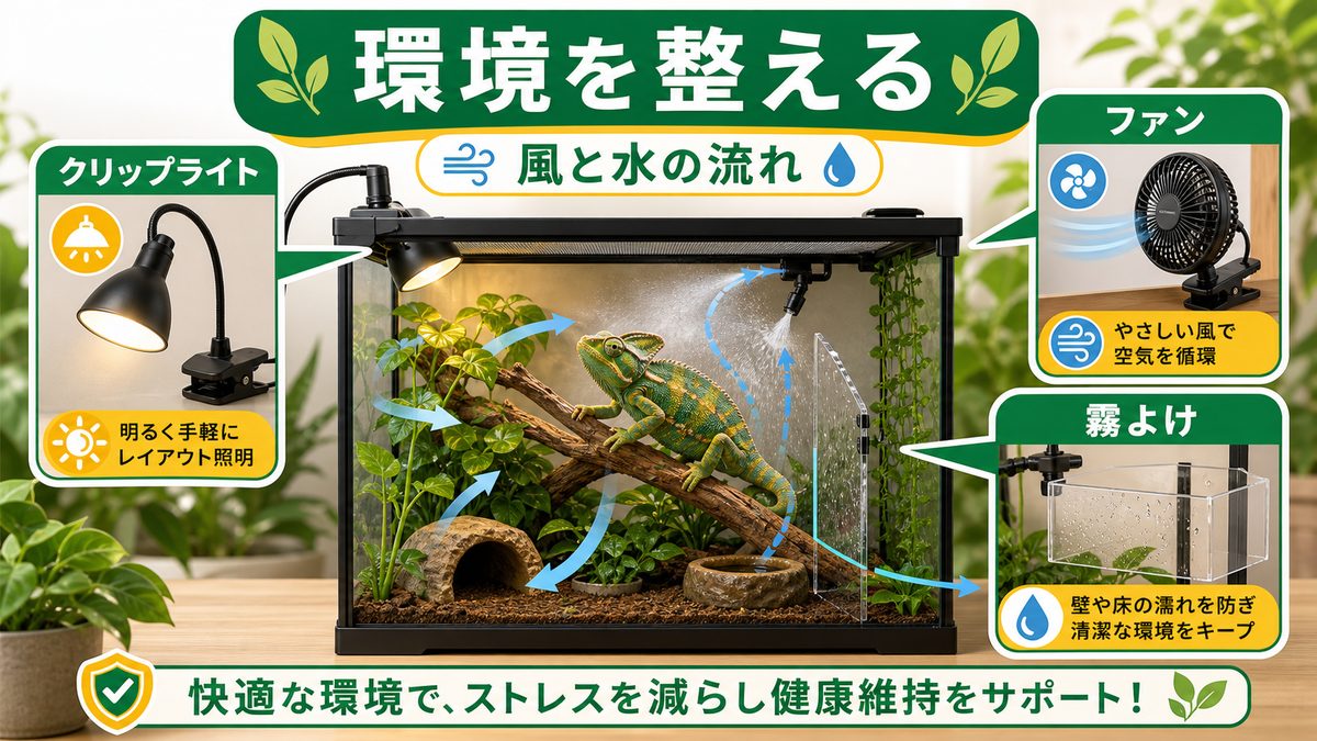 環境づくり・照明の便利グッズの要点をまとめたカメレオン・爬虫類飼育インフォグラフィック