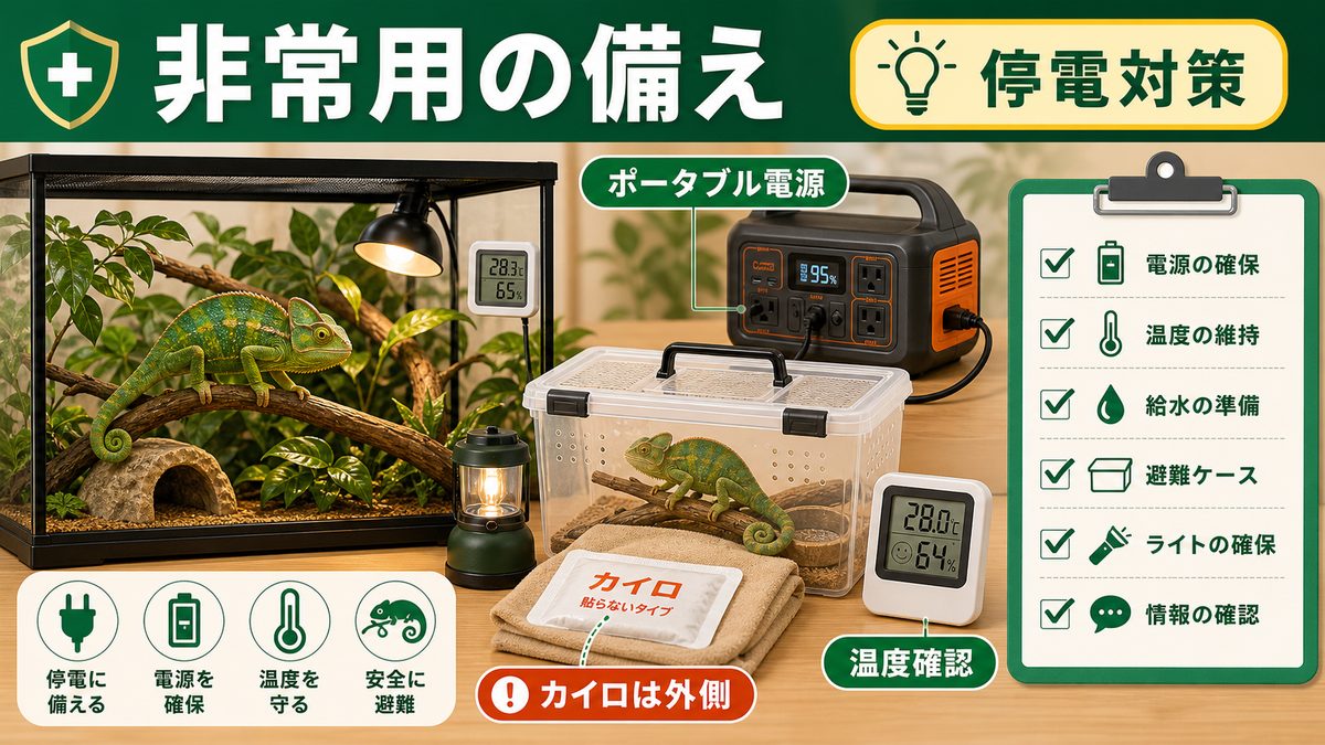 非常用・あると安心の備えの要点をまとめたカメレオン・爬虫類飼育インフォグラフィック