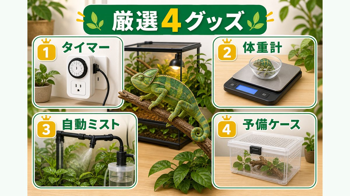特におすすめの便利グッズ（厳選）の要点をまとめたカメレオン・爬虫類飼育インフォグラフィック
