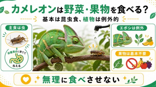 カメレオンは野菜・果物を食べる？植物食の真実と与え方の注意点の要点を伝えるカメレオン・爬虫類記事アイキャッチ画像