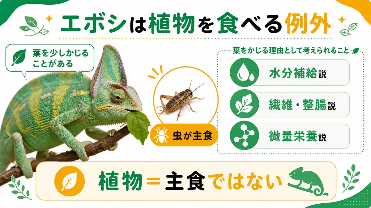 エボシカメレオンは植物を食べる「例外」の要点をまとめたカメレオン・爬虫類飼育インフォグラフィック