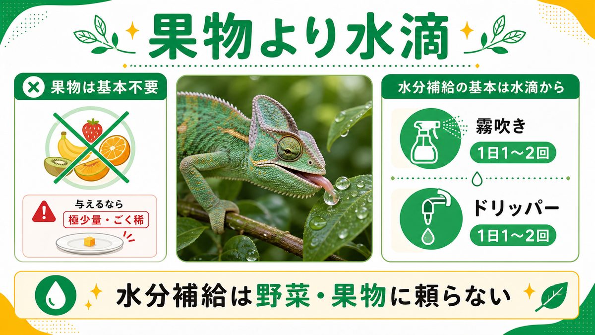 果物・水分補給の正しい考え方の要点をまとめたカメレオン・爬虫類飼育インフォグラフィック