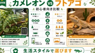 カメレオン vs フトアゴヒゲトカゲ徹底比較！初心者の爬虫類デビューはどっちが正解？飼育難易度・費用・性格の要点を伝えるカメレオン・爬虫類記事アイキャッチ画像