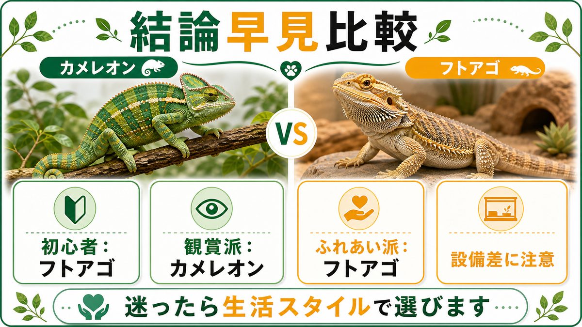 結論早見：どっちが初心者向き？比較表の要点をまとめたカメレオン・爬虫類飼育インフォグラフィック
