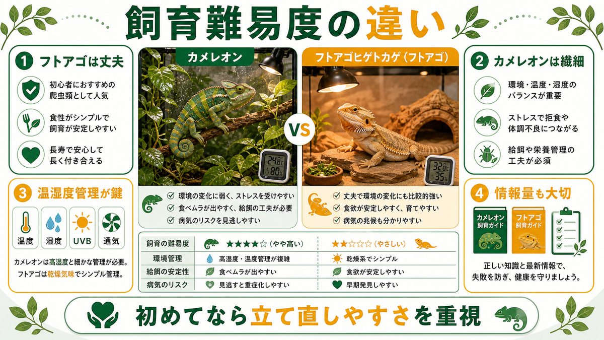 飼育難易度の違いの要点をまとめたカメレオン・爬虫類飼育インフォグラフィック
