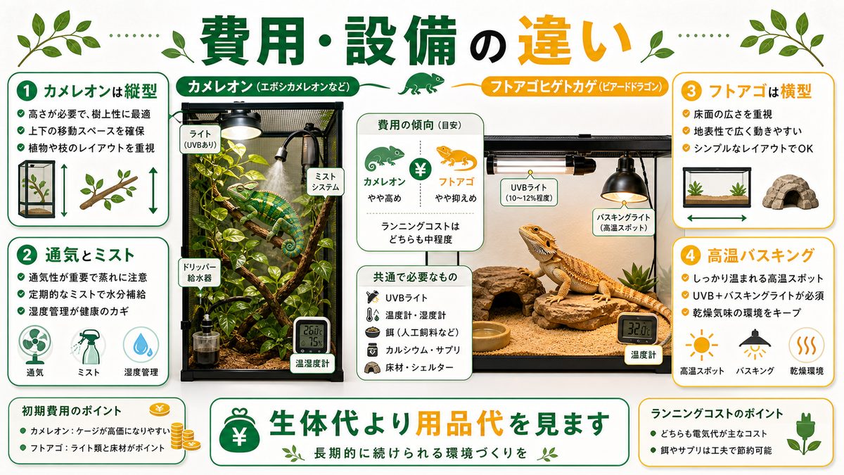 費用・設備の違いの要点をまとめたカメレオン・爬虫類飼育インフォグラフィック