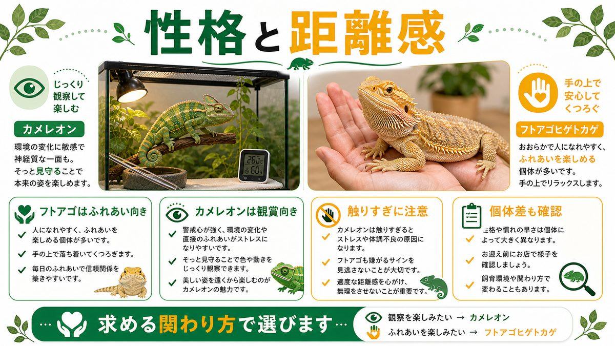 性格・ハンドリングの違いの要点をまとめたカメレオン・爬虫類飼育インフォグラフィック