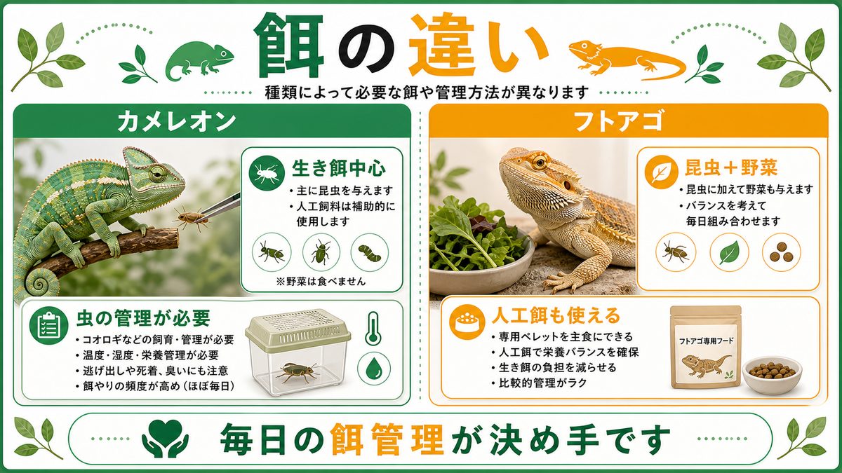 餌の違い（人工餌vs生き餌）の要点をまとめたカメレオン・爬虫類飼育インフォグラフィック