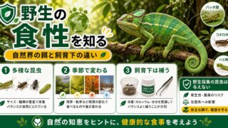 野生のカメレオンは何を食べる？自然界の食性と飼育下の餌の違いを徹底解説の要点を伝えるカメレオン・爬虫類記事アイキャッチ画像