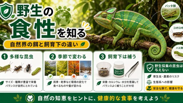 野生のカメレオンは何を食べる？自然界の食性と飼育下の餌の違いを徹底解説の要点を伝えるカメレオン・爬虫類記事アイキャッチ画像