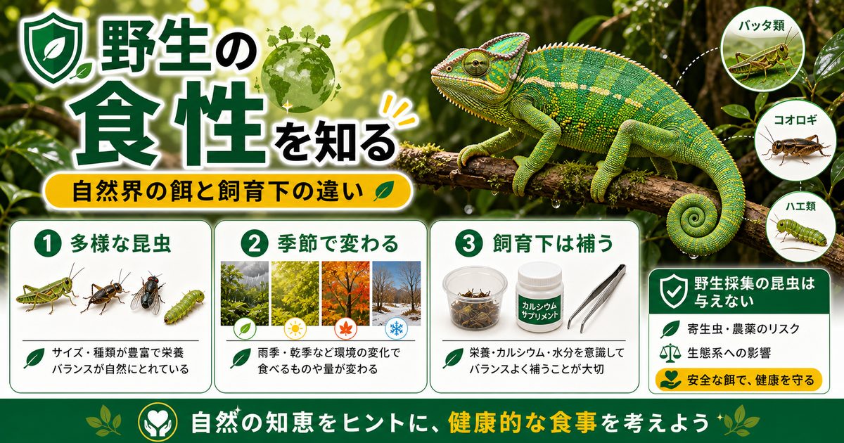 野生のカメレオンは何を食べる？自然界の食性と飼育下の餌の違いを徹底解説の要点を伝えるカメレオン・爬虫類記事アイキャッチ画像