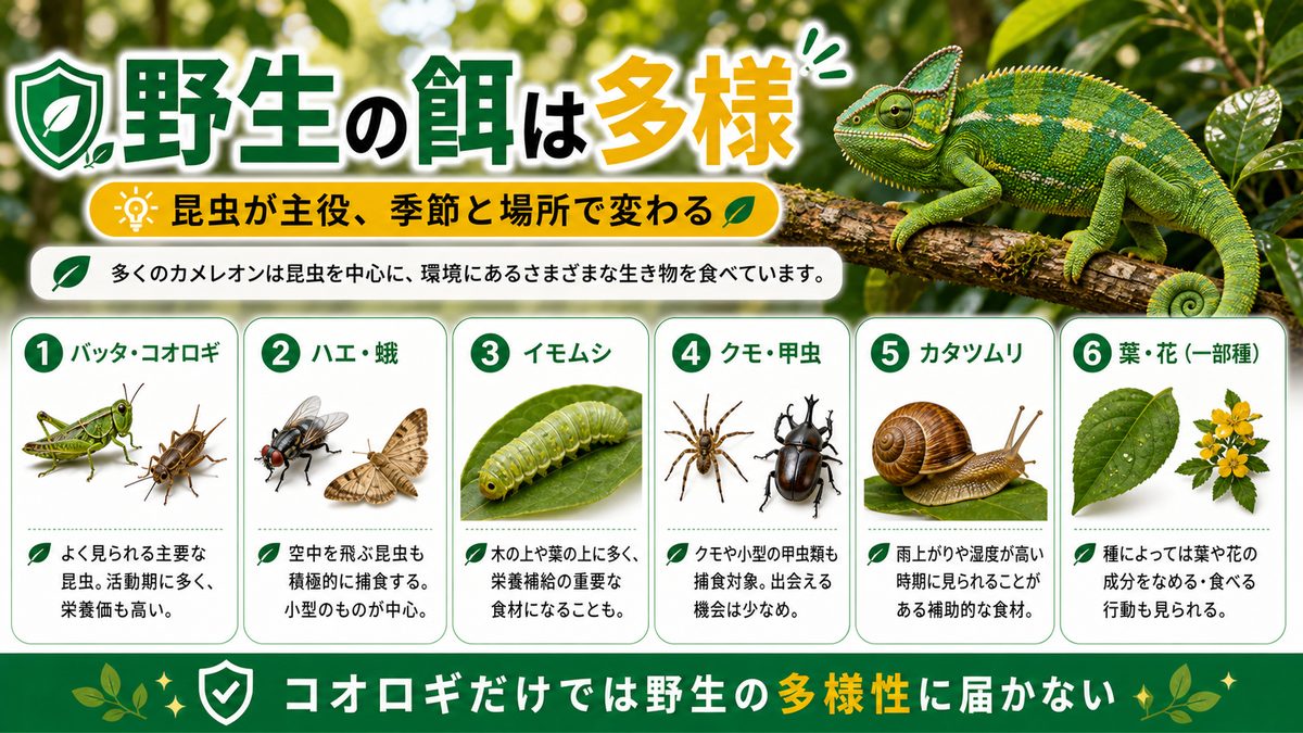 野生のカメレオンは何を食べている？の要点をまとめたカメレオン・爬虫類飼育インフォグラフィック