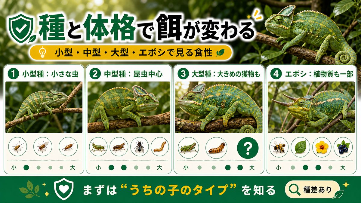 種類・大きさで変わる食べ物（昆虫食〜小動物・植物）の要点をまとめたカメレオン・爬虫類飼育インフォグラフィック