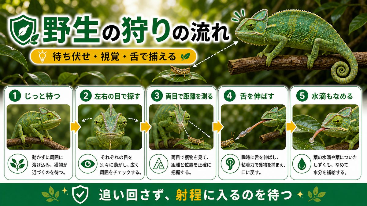 野生の採餌行動（待ち伏せ・舌・視覚）の要点をまとめたカメレオン・爬虫類飼育インフォグラフィック