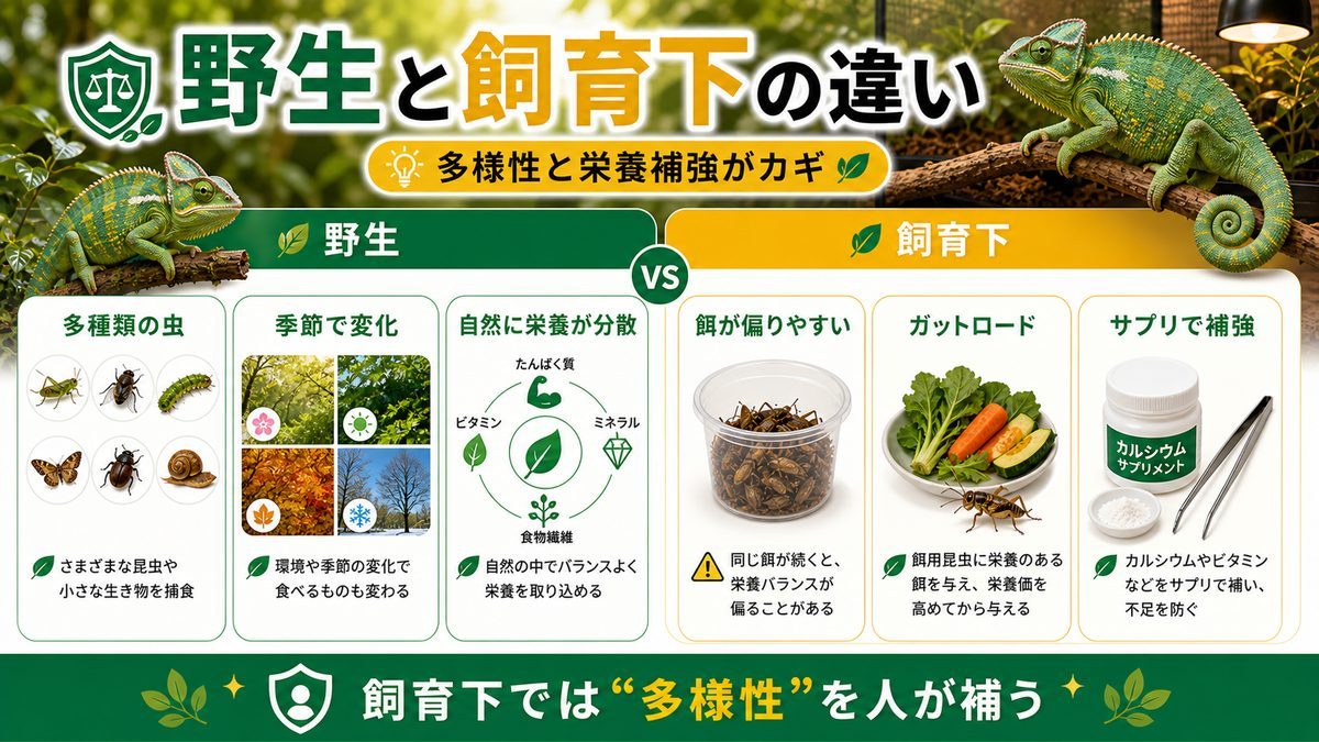 野生 vs 飼育下：餌の多様性の違いの要点をまとめたカメレオン・爬虫類飼育インフォグラフィック