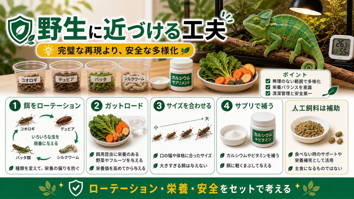 飼育下で野生の食事に近づける工夫の要点をまとめたカメレオン・爬虫類飼育インフォグラフィック