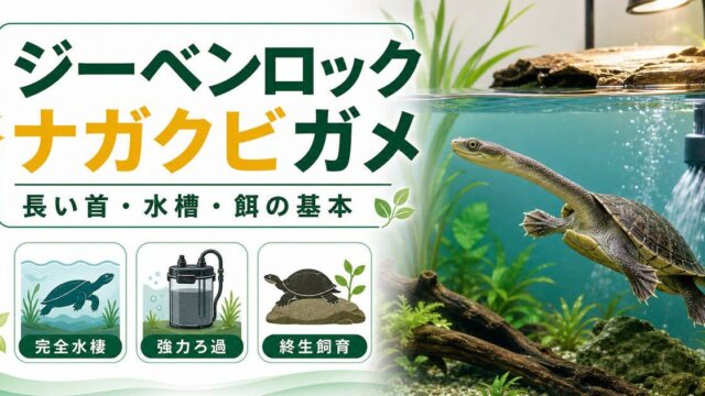 ジーベンロックナガクビガメ（Chelodina）飼育完全ガイド｜長い首が魅力の水棲ガメの特徴・水槽・餌の要点を伝えるカメレオン・爬虫類記事アイキャッチ画像