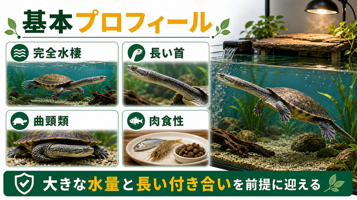 ジーベンロックナガクビガメとは|長い首がトレードマークの水棲ガメの要点をまとめたカメレオン・爬虫類飼育インフォグラフィック