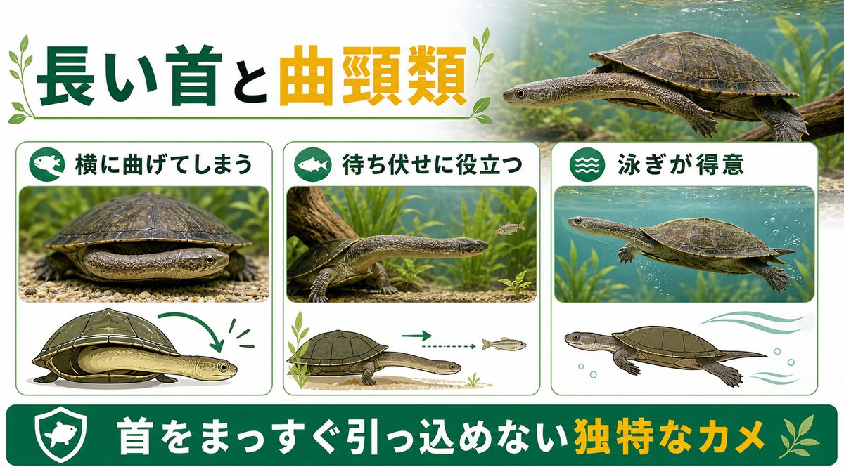 長い首と曲頸類の生態|首をしまえないのには理由があるの要点をまとめたカメレオン・爬虫類飼育インフォグラフィック