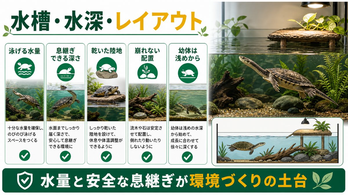 大型水棲ガメの飼育環境①|水槽・水深・レイアウトの要点をまとめたカメレオン・爬虫類飼育インフォグラフィック