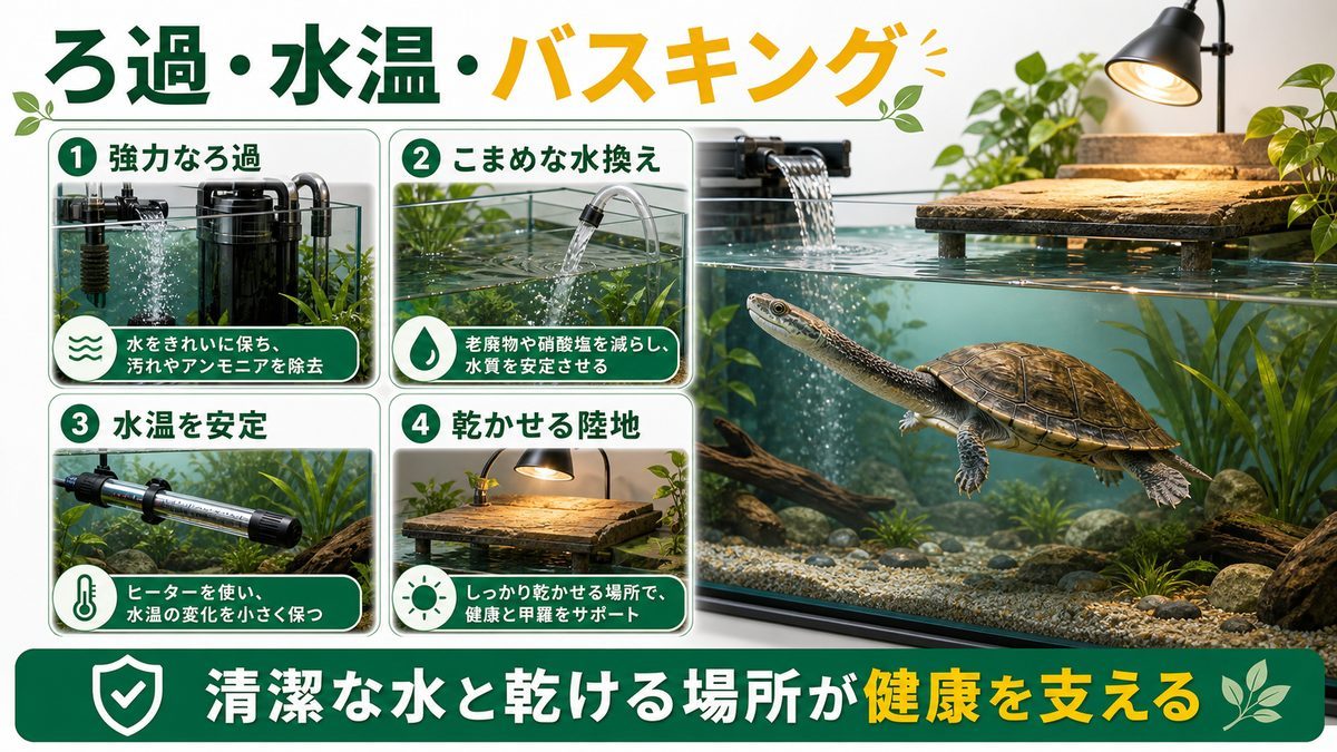 大型水棲ガメの飼育環境②|ろ過・水温・バスキングの要点をまとめたカメレオン・爬虫類飼育インフォグラフィック
