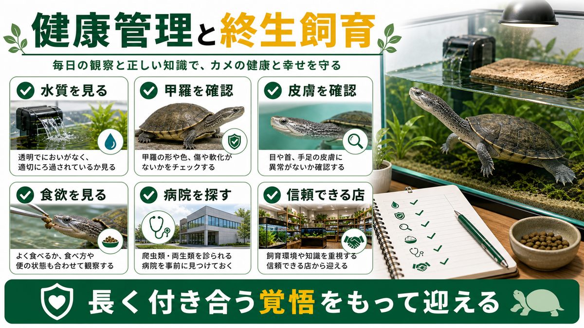 健康管理・終生飼育・入手|30年付き合う覚悟での要点をまとめたカメレオン・爬虫類飼育インフォグラフィック