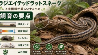 ラジエイテッドラットスネーク（Coelognathus radiatus）飼育完全ガイド｜X字模様が美しい東南アジアの丈夫なナミヘビの特徴・飼育を徹底解説の要点を伝えるカメレオン・爬虫類記事アイキャッチ画像