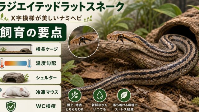 ラジエイテッドラットスネーク（Coelognathus radiatus）飼育完全ガイド｜X字模様が美しい東南アジアの丈夫なナミヘビの特徴・飼育を徹底解説の要点を伝えるカメレオン・爬虫類記事アイキャッチ画像