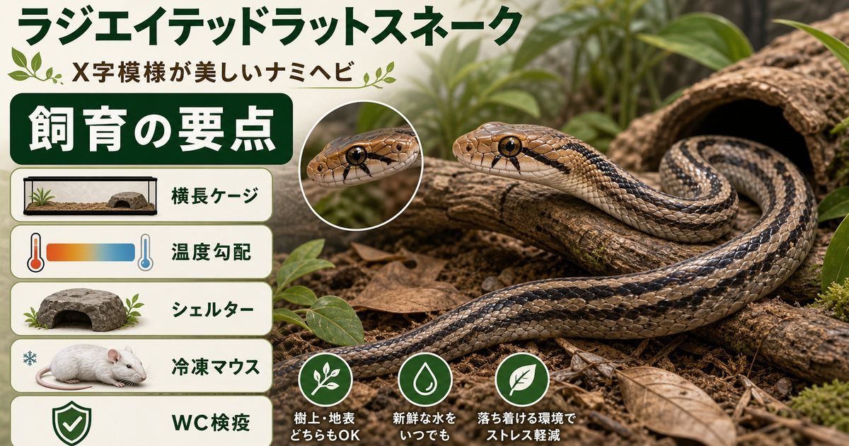 ラジエイテッドラットスネーク（Coelognathus radiatus）飼育完全ガイド｜X字模様が美しい東南アジアの丈夫なナミヘビの特徴・飼育を徹底解説の要点を伝えるカメレオン・爬虫類記事アイキャッチ画像