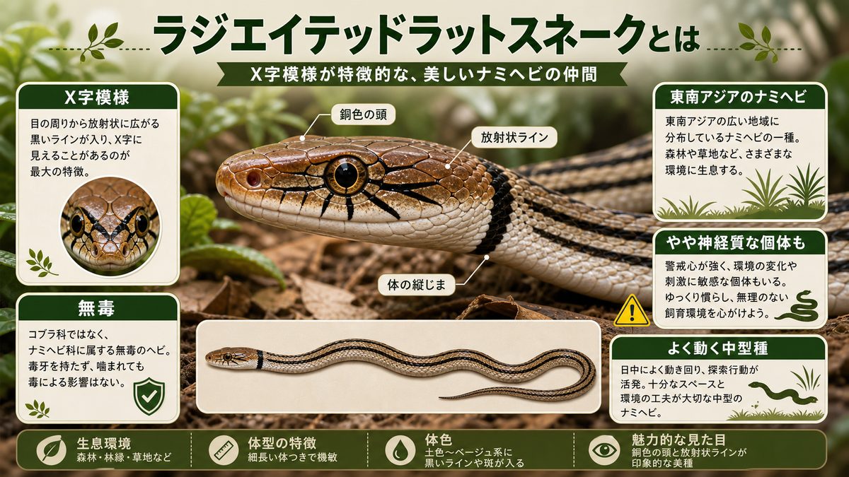 ラジエイテッドラットスネークとは(X字模様・基本情報)の要点をまとめたカメレオン・爬虫類飼育インフォグラフィック