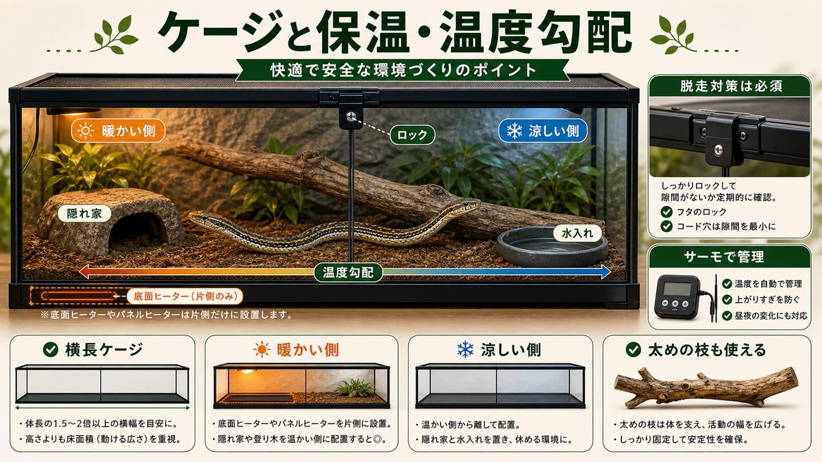 ケージと保温・温度勾配の要点をまとめたカメレオン・爬虫類飼育インフォグラフィック