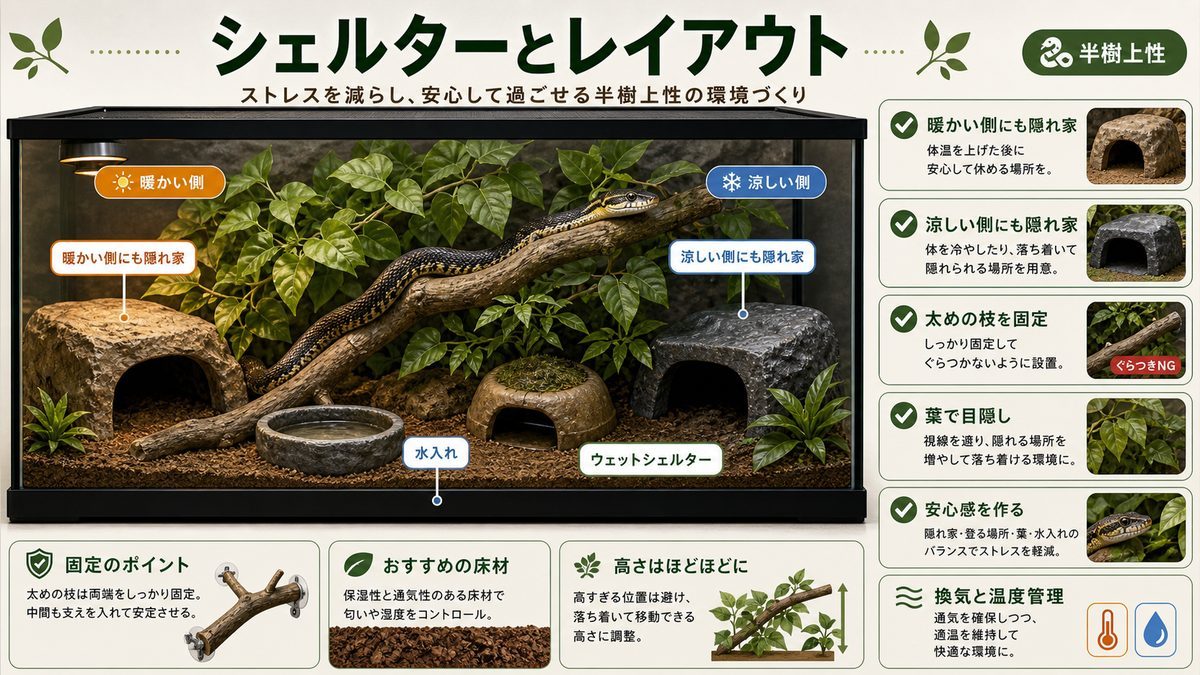 シェルターとレイアウトの要点をまとめたカメレオン・爬虫類飼育インフォグラフィック