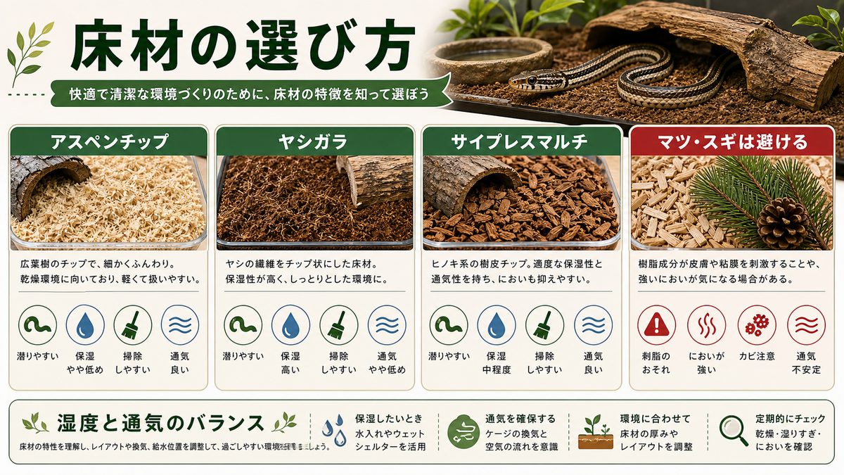 床材の選び方の要点をまとめたカメレオン・爬虫類飼育インフォグラフィック