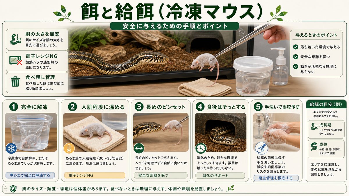 餌と給餌(冷凍マウス)の要点をまとめたカメレオン・爬虫類飼育インフォグラフィック